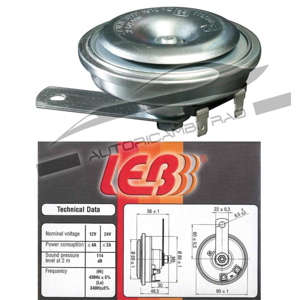 Claxon Clacson tromba singolo monotono K91 HIGH 12/24V Ø 90mm 114dB Claxon Clacson tromba singolo monotono K91 HIGH 12/24V Ø 90mm 114dB